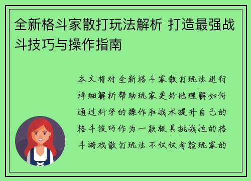 全新格斗家散打玩法解析 打造最强战斗技巧与操作指南